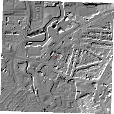 Shaded relief map of the ground around SE108FR, computed from Environment Agency LiDAR. The ground here sits at about 4 m above sea level and falls 22 m across the surrounding 800 m. Surface water reaching this point runs off ground lying to the east-south-east, 10.8 m higher.