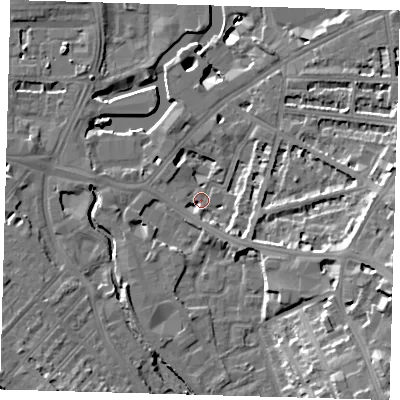 Shaded relief map of the ground around SE108FS, computed from Environment Agency LiDAR. The ground here sits at about 5 m above sea level and falls 23 m across the surrounding 800 m. Surface water reaching this point runs off ground lying to the east-south-east, 13.2 m higher.