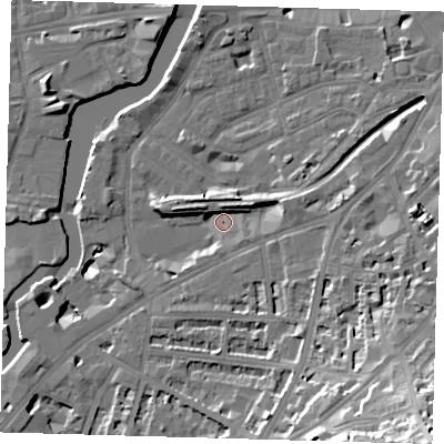 Shaded relief map of the ground around SE108FX, computed from Environment Agency LiDAR. The ground here sits at about 5 m above sea level and falls 37 m across the surrounding 800 m. Surface water reaching this point runs off ground lying to the south-east, 31.1 m higher.