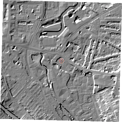 Shaded relief map of the ground around SE108GA, computed from Environment Agency LiDAR. The ground here sits at about 5 m above sea level and falls 22 m across the surrounding 800 m. Surface water reaching this point runs off ground lying to the east-south-east, 5.9 m higher.