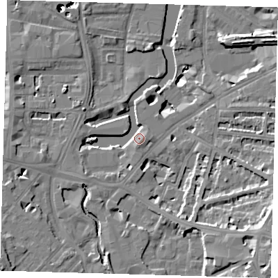Shaded relief map of the ground around SE108GR, computed from Environment Agency LiDAR. The ground here sits at about 6 m above sea level and falls 49 m across the surrounding 800 m. Surface water reaching this point runs off ground lying to the south-south-west, 3.8 m higher.