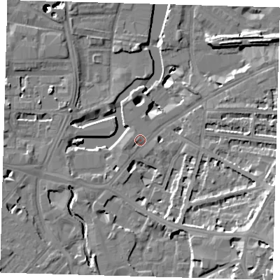 Shaded relief map of the ground around SE108GS, computed from Environment Agency LiDAR. The ground here sits at about 6 m above sea level and falls 50 m across the surrounding 800 m. Surface water reaching this point runs off ground lying to the west-south-west, 1.3 m higher.