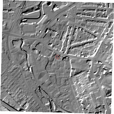 Shaded relief map of the ground around SE108GT, computed from Environment Agency LiDAR. The ground here sits at about 5 m above sea level and falls 21 m across the surrounding 800 m. Surface water reaching this point runs off ground lying to the south-east, 19.2 m higher.