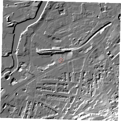 Shaded relief map of the ground around SE108JA, computed from Environment Agency LiDAR. The ground here sits at about 6 m above sea level and falls 43 m across the surrounding 800 m. Surface water reaching this point runs off ground lying to the south-east, 34.1 m higher.