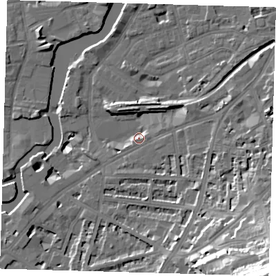 Shaded relief map of the ground around SE108JH, computed from Environment Agency LiDAR. The ground here sits at about 5 m above sea level and falls 49 m across the surrounding 800 m. Surface water reaching this point runs off ground lying to the south-east, 42.9 m higher.