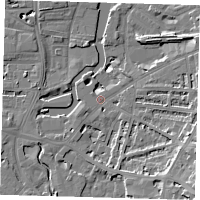 Shaded relief map of the ground around SE108JL, computed from Environment Agency LiDAR. The ground here sits at about 5 m above sea level and falls 53 m across the surrounding 800 m. Surface water reaching this point runs off ground lying to the south-east, 14.6 m higher.