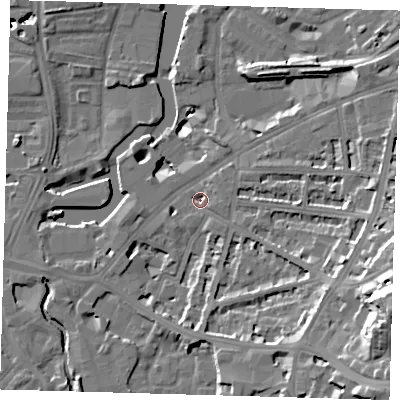 Shaded relief map of the ground around SE108LA, computed from Environment Agency LiDAR. The ground here sits at about 4 m above sea level and falls 61 m across the surrounding 800 m. Surface water reaching this point runs off ground lying to the east-south-east, 23.1 m higher.