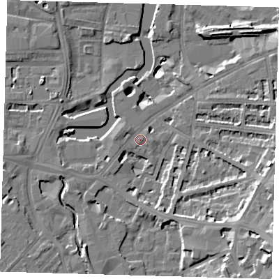 Shaded relief map of the ground around SE108LF, computed from Environment Agency LiDAR. The ground here sits at about 5 m above sea level and falls 52 m across the surrounding 800 m. Surface water reaching this point runs off ground lying to the west, 1.3 m higher.