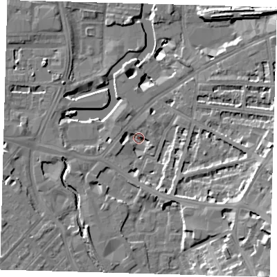 Shaded relief map of the ground around SE108LL, computed from Environment Agency LiDAR. The ground here sits at about 4 m above sea level and falls 22 m across the surrounding 800 m. Surface water reaching this point runs off ground lying to the east-south-east, 13.3 m higher.