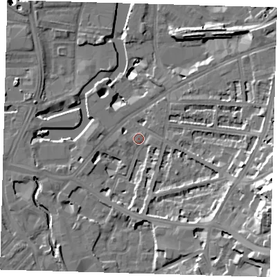 Shaded relief map of the ground around SE108LP, computed from Environment Agency LiDAR. The ground here sits at about 5 m above sea level and falls 60 m across the surrounding 800 m. Surface water reaching this point runs off ground lying to the east-south-east, 23.1 m higher.