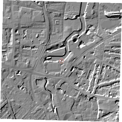 Shaded relief map of the ground around SE108ND, computed from Environment Agency LiDAR. The ground here sits at about 4 m above sea level and falls 49 m across the surrounding 800 m. Surface water reaching this point runs off ground lying to the south, 3.8 m higher.