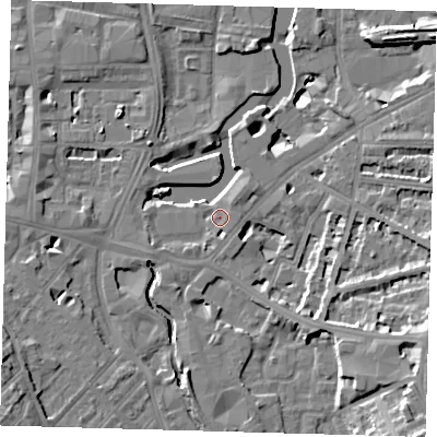 Shaded relief map of the ground around SE108NG, computed from Environment Agency LiDAR. The ground here sits at about 6 m above sea level and falls 19 m across the surrounding 800 m. Surface water reaching this point runs off ground lying to the south-south-west, 2.3 m higher.