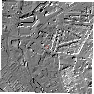 Shaded relief map of the ground around SE108PE, computed from Environment Agency LiDAR. The ground here sits at about 5 m above sea level and falls 24 m across the surrounding 800 m. Surface water reaching this point runs off ground lying to the east-south-east, 7.3 m higher.