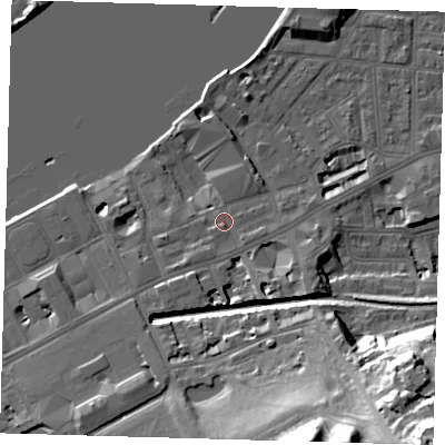 Shaded relief map of the ground around SE109AA, computed from Environment Agency LiDAR. The ground here sits at about 6 m above sea level and falls 41 m across the surrounding 800 m. Surface water reaching this point runs off ground lying to the south-west, 1.8 m higher.