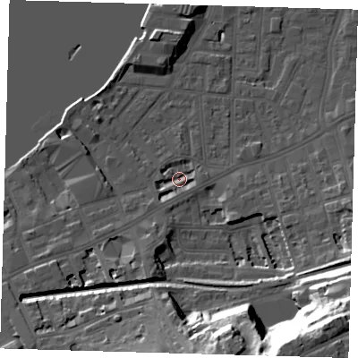 Shaded relief map of the ground around SE109AB, computed from Environment Agency LiDAR. The ground here sits at about 2 m above sea level and falls 42 m across the surrounding 800 m. Surface water reaching this point runs off ground lying to the south-west, 3.0 m higher.