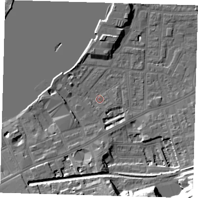 Shaded relief map of the ground around SE109AD, computed from Environment Agency LiDAR. The ground here sits at about 3 m above sea level and falls 34 m across the surrounding 800 m. Surface water reaching this point runs off ground lying to the south, 2.2 m higher.