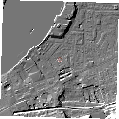 Shaded relief map of the ground around SE109AE, computed from Environment Agency LiDAR. The ground here sits at about 3 m above sea level and falls 33 m across the surrounding 800 m. Surface water reaching this point runs off ground lying to the east-south-east, 1.1 m higher.
