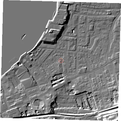 Shaded relief map of the ground around SE109AG, computed from Environment Agency LiDAR. The ground here sits at about 3 m above sea level and falls 31 m across the surrounding 800 m. Surface water reaching this point runs off ground lying to the south-south-west, 1.6 m higher.