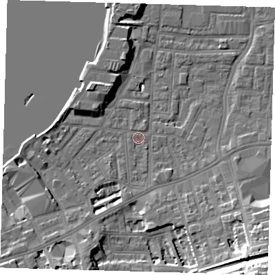 Shaded relief map of the ground around SE109AH, computed from Environment Agency LiDAR. The ground here sits at about 3 m above sea level and falls 24 m across the surrounding 800 m. Surface water reaching this point runs off ground lying to the south-west, 4.9 m higher.
