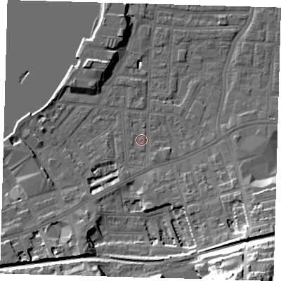 Shaded relief map of the ground around SE109AJ, computed from Environment Agency LiDAR. The ground here sits at about 3 m above sea level and falls 34 m across the surrounding 800 m. Surface water reaching this point runs off ground lying to the east-south-east, 1.2 m higher.