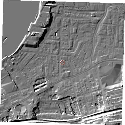 Shaded relief map of the ground around SE109AL, computed from Environment Agency LiDAR. The ground here sits at about 3 m above sea level and falls 27 m across the surrounding 800 m. Surface water reaching this point runs off ground lying to the south-south-east, 1.3 m higher.