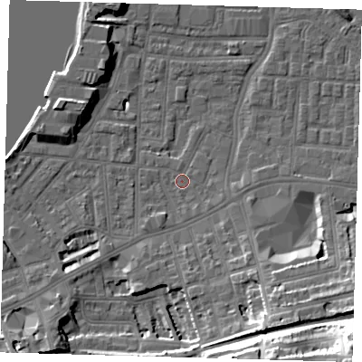 Shaded relief map of the ground around SE109AN, computed from Environment Agency LiDAR. The ground here sits at about 2 m above sea level and falls 29 m across the surrounding 800 m. Surface water reaching this point runs off ground lying to the south-east, 26.6 m higher.