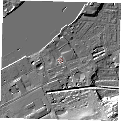 Shaded relief map of the ground around SE109AS, computed from Environment Agency LiDAR. The ground here sits at about 5 m above sea level and falls 33 m across the surrounding 800 m. Surface water reaching this point runs off ground lying to the south, 1.6 m higher.
