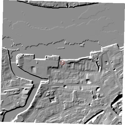 Shaded relief map of the ground around SE109BB, computed from Environment Agency LiDAR. The ground here sits at about 4 m above sea level and falls 9 m across the surrounding 800 m. Surface water reaching this point runs off ground lying to the south-east, 8.9 m higher.