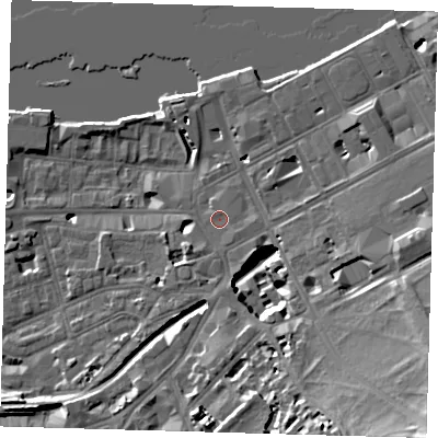 Shaded relief map of the ground around SE109BF, computed from Environment Agency LiDAR. The ground here sits at about 5 m above sea level and falls 23 m across the surrounding 800 m. Surface water reaching this point runs off ground lying to the east-south-east, 1.3 m higher.