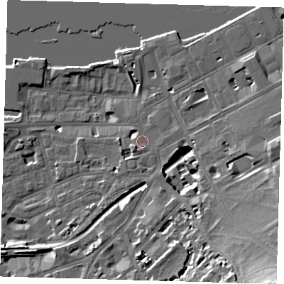 Shaded relief map of the ground around SE109BJ, computed from Environment Agency LiDAR. The ground here sits at about 5 m above sea level and falls 26 m across the surrounding 800 m. Surface water reaching this point runs off ground lying to the south-east, 25.8 m higher.