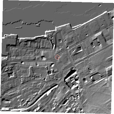 Shaded relief map of the ground around SE109BL, computed from Environment Agency LiDAR. The ground here sits at about 5 m above sea level and falls 19 m across the surrounding 800 m. Surface water reaching this point runs off ground lying to the east-south-east, 2.0 m higher.
