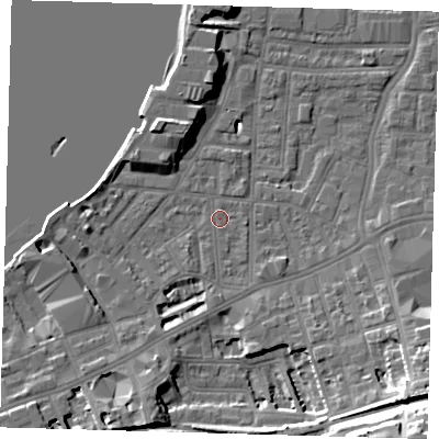 Shaded relief map of the ground around SE109BS, computed from Environment Agency LiDAR. The ground here sits at about 3 m above sea level and falls 25 m across the surrounding 800 m. Surface water reaching this point runs off ground lying to the south-south-west, 3.0 m higher.