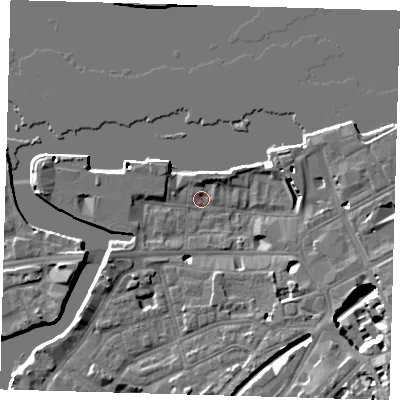 Shaded relief map of the ground around SE109BX, computed from Environment Agency LiDAR. The ground here sits at about 3 m above sea level and falls 11 m across the surrounding 800 m. Surface water reaching this point runs off ground lying to the south-east, 11.2 m higher.