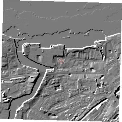Shaded relief map of the ground around SE109DD, computed from Environment Agency LiDAR. The ground here sits at about 4 m above sea level and falls 10 m across the surrounding 800 m. Surface water reaching this point runs off ground lying to the south-east, 8.9 m higher.
