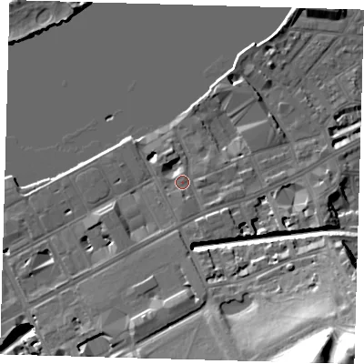 Shaded relief map of the ground around SE109DE, computed from Environment Agency LiDAR. The ground here sits at about 6 m above sea level and falls 41 m across the surrounding 800 m. Surface water reaching this point runs off ground lying to the south-south-east, 11.5 m higher.