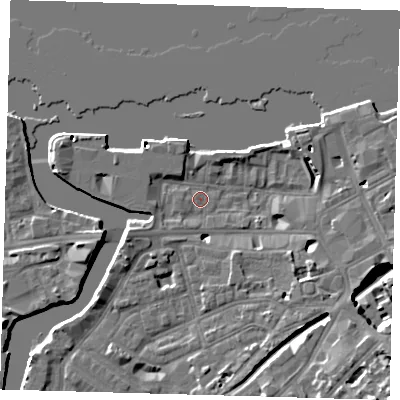 Shaded relief map of the ground around SE109DF, computed from Environment Agency LiDAR. The ground here sits at about 3 m above sea level and falls 12 m across the surrounding 800 m. Surface water reaching this point runs off ground lying to the south-east, 11.8 m higher.