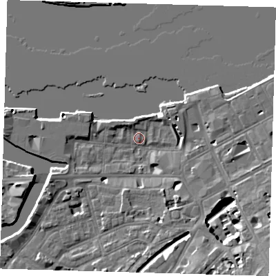 Shaded relief map of the ground around SE109DG, computed from Environment Agency LiDAR. The ground here sits at about 4 m above sea level and falls 12 m across the surrounding 800 m. Surface water reaching this point runs off ground lying to the south-east, 12.1 m higher.