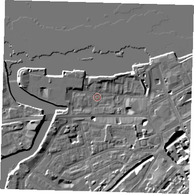 Shaded relief map of the ground around SE109DH, computed from Environment Agency LiDAR. The ground here sits at about 3 m above sea level and falls 12 m across the surrounding 800 m. Surface water reaching this point runs off ground lying to the south-east, 11.6 m higher.