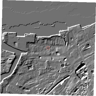 Shaded relief map of the ground around SE109DL, computed from Environment Agency LiDAR. The ground here sits at about 3 m above sea level and falls 13 m across the surrounding 800 m. Surface water reaching this point runs off ground lying to the south-east, 12.5 m higher.