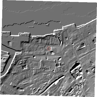Shaded relief map of the ground around SE109DN, computed from Environment Agency LiDAR. The ground here sits at about 3 m above sea level and falls 14 m across the surrounding 800 m. Surface water reaching this point runs off ground lying to the south-east, 14.4 m higher.