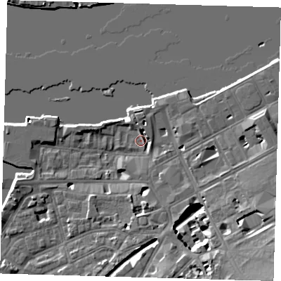 Shaded relief map of the ground around SE109DR, computed from Environment Agency LiDAR. The ground here sits at about 4 m above sea level and falls 15 m across the surrounding 800 m. Surface water reaching this point runs off ground lying to the south-east, 14.6 m higher.