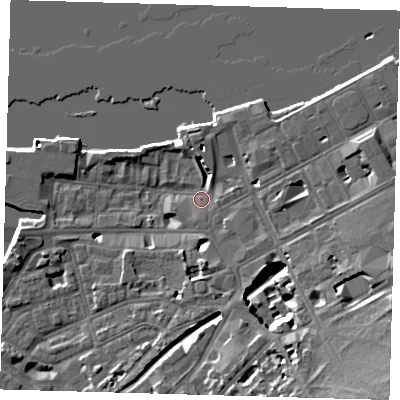 Shaded relief map of the ground around SE109DT, computed from Environment Agency LiDAR. The ground here sits at about 4 m above sea level and falls 16 m across the surrounding 800 m. Surface water reaching this point runs off ground lying to the south-east, 16.4 m higher.