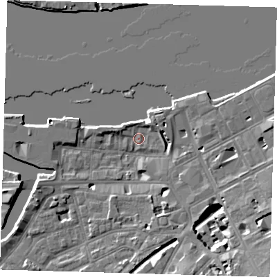 Shaded relief map of the ground around SE109DW, computed from Environment Agency LiDAR. The ground here sits at about 4 m above sea level and falls 13 m across the surrounding 800 m. Surface water reaching this point runs off ground lying to the south-east, 12.7 m higher.