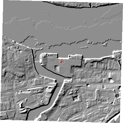 Shaded relief map of the ground around SE109EA, computed from Environment Agency LiDAR. The ground here sits at about 5 m above sea level and falls 8 m across the surrounding 800 m. Surface water reaching this point runs off ground lying to the east-south-east, 6.4 m higher.