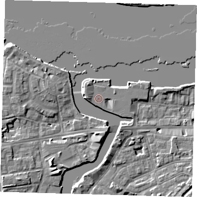 Shaded relief map of the ground around SE109EB, computed from Environment Agency LiDAR. The ground here sits at about 5 m above sea level and falls 8 m across the surrounding 800 m. Surface water reaching this point runs off ground lying to the north-west, 1.9 m higher.