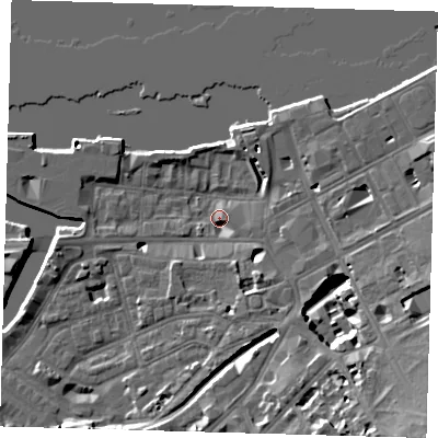 Shaded relief map of the ground around SE109ED, computed from Environment Agency LiDAR. The ground here sits at about 4 m above sea level and falls 15 m across the surrounding 800 m. Surface water reaching this point runs off ground lying to the south-east, 15.5 m higher.