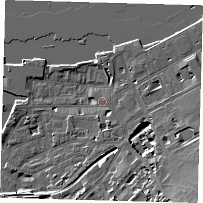 Shaded relief map of the ground around SE109EJ, computed from Environment Agency LiDAR. The ground here sits at about 5 m above sea level and falls 17 m across the surrounding 800 m. Surface water reaching this point runs off ground lying to the south-east, 17.0 m higher.
