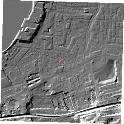 Shaded relief map of the ground around SE109EL, computed from Environment Agency LiDAR. The ground here sits at about 3 m above sea level and falls 32 m across the surrounding 800 m. Surface water reaching this point runs off ground lying to the south-south-east, 28.8 m higher.