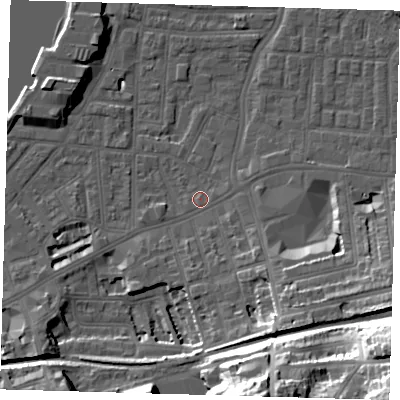 Shaded relief map of the ground around SE109EQ, computed from Environment Agency LiDAR. The ground here sits at about 3 m above sea level and falls 37 m across the surrounding 800 m. Surface water reaching this point runs off ground lying to the south-south-east, 11.6 m higher.