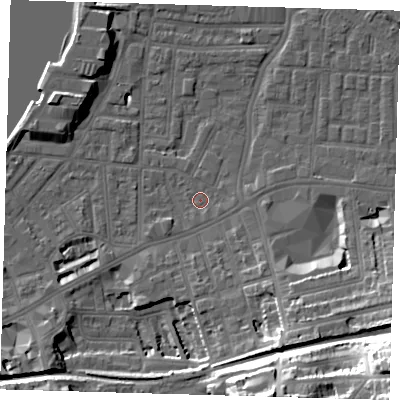 Shaded relief map of the ground around SE109EW, computed from Environment Agency LiDAR. The ground here sits at about 3 m above sea level and falls 33 m across the surrounding 800 m. Surface water reaching this point runs off ground lying to the east-south-east, 1.0 m higher.